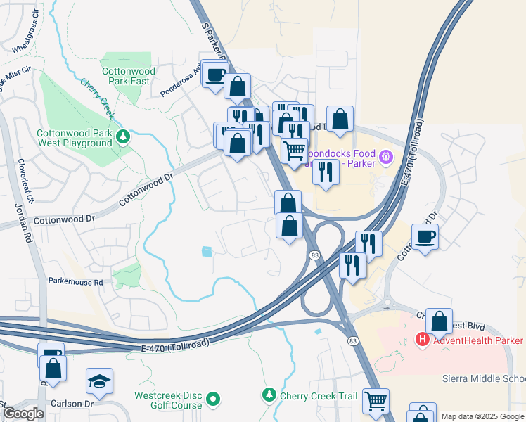 map of restaurants, bars, coffee shops, grocery stores, and more near 18034 Becket Drive in Parker