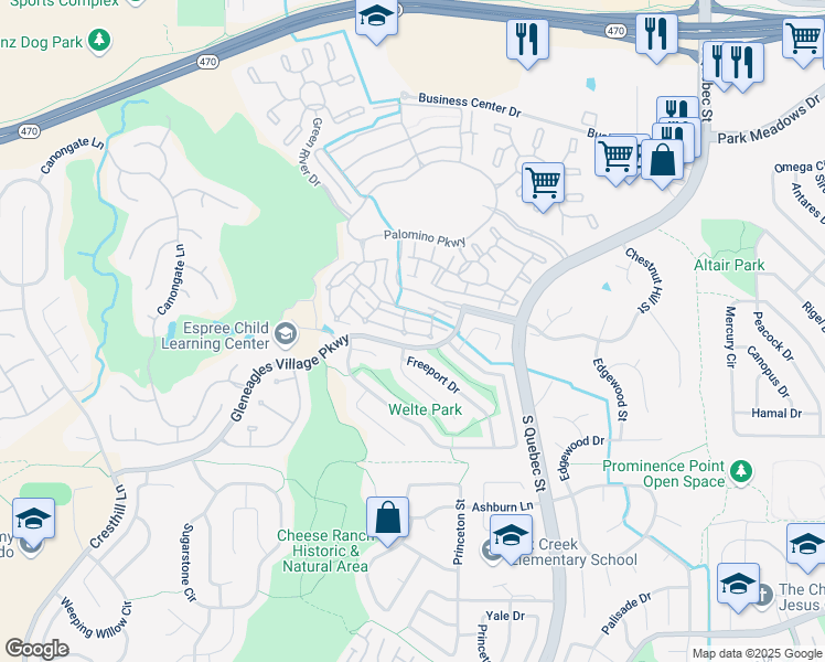 map of restaurants, bars, coffee shops, grocery stores, and more near 6466 Silver Mesa Drive in Littleton