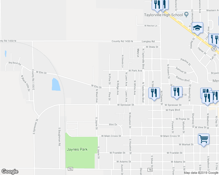 map of restaurants, bars, coffee shops, grocery stores, and more near West Elm Street in Taylorville