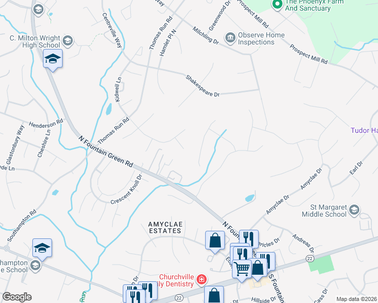 map of restaurants, bars, coffee shops, grocery stores, and more near 1601 Bosworth Court in Bel Air