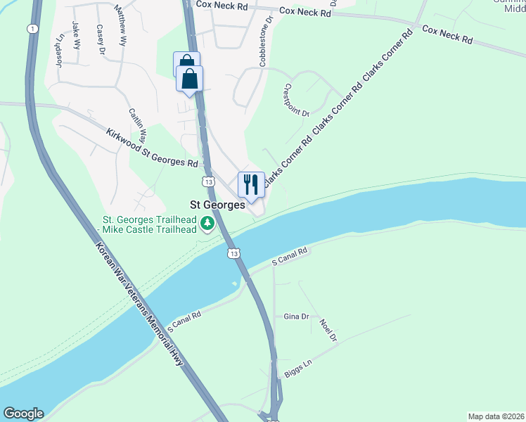 map of restaurants, bars, coffee shops, grocery stores, and more near 36 Broad Street in Saint Georges