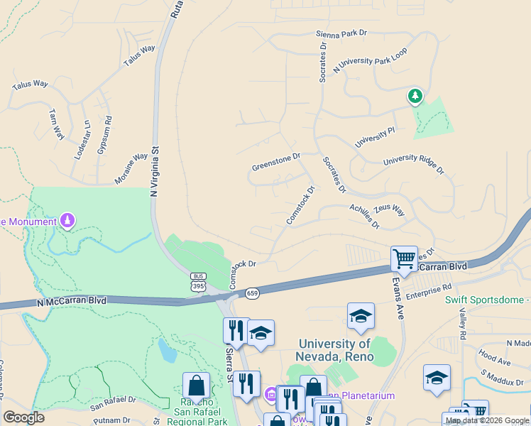 map of restaurants, bars, coffee shops, grocery stores, and more near 645 Kane Court in Reno