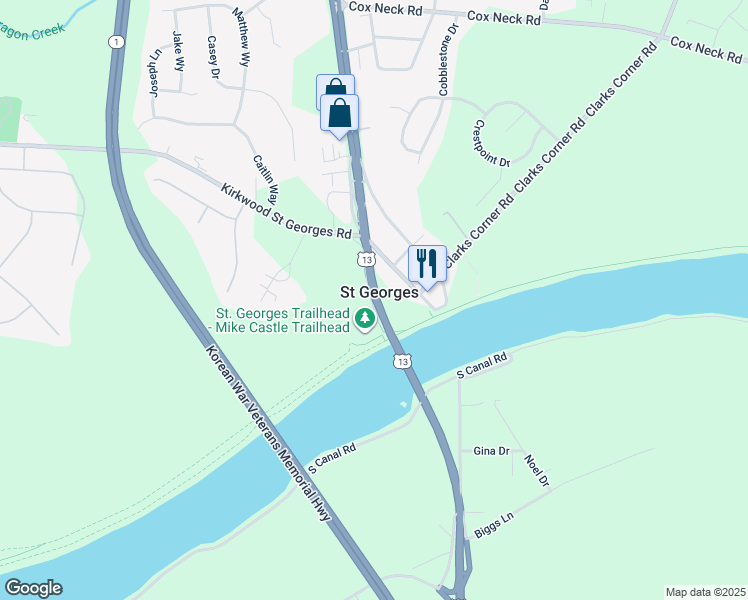 map of restaurants, bars, coffee shops, grocery stores, and more near U.S. 13 in Saint Georges