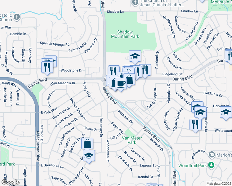 map of restaurants, bars, coffee shops, grocery stores, and more near 1251 Baring Boulevard in Sparks