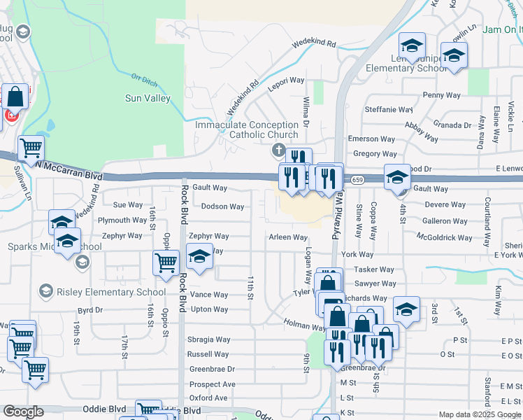 map of restaurants, bars, coffee shops, grocery stores, and more near 1055 Roberta Lane in Sparks
