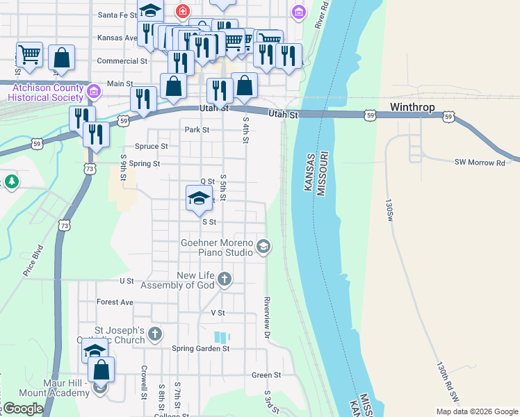 map of restaurants, bars, coffee shops, grocery stores, and more near 1007 Riverview Dr in Atchison
