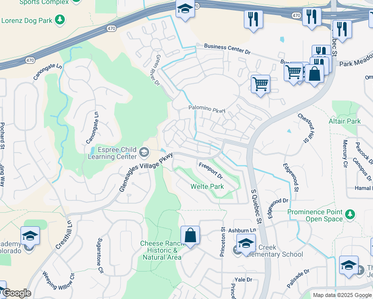 map of restaurants, bars, coffee shops, grocery stores, and more near 6454 Silver Mesa Drive in Littleton