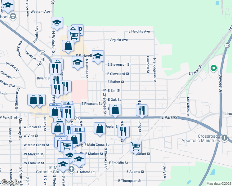 map of restaurants, bars, coffee shops, grocery stores, and more near 610 East Elm Street in Taylorville
