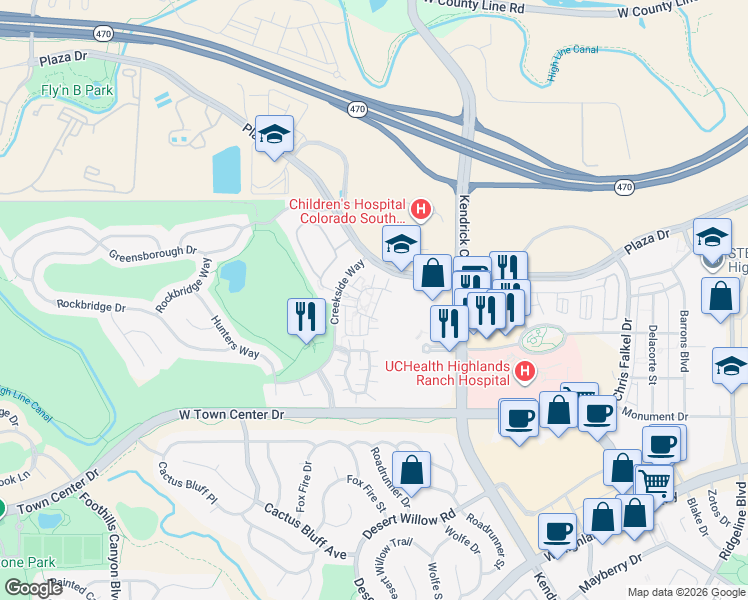 map of restaurants, bars, coffee shops, grocery stores, and more near 8876 Edinburgh Circle in Highlands Ranch