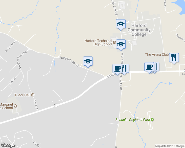 map of restaurants, bars, coffee shops, grocery stores, and more near 20 Prospect Mill Road in Bel Air