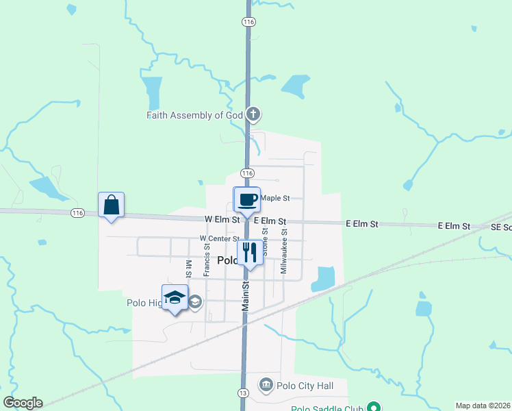 map of restaurants, bars, coffee shops, grocery stores, and more near 302 Main Street in Polo