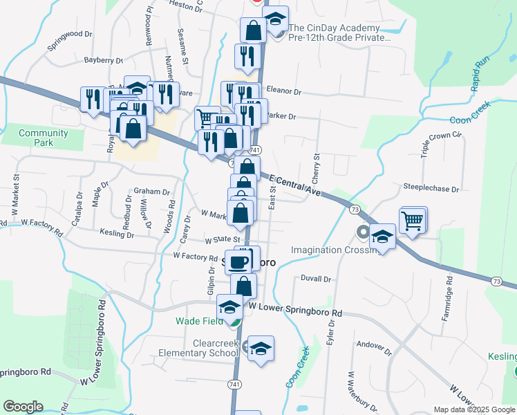 map of restaurants, bars, coffee shops, grocery stores, and more near 120 South Main Street in Springboro