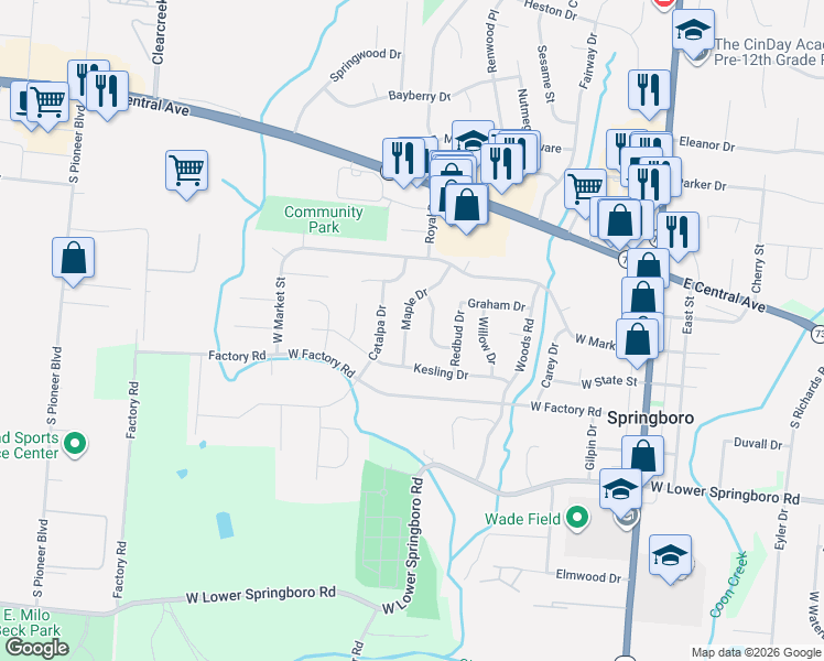 map of restaurants, bars, coffee shops, grocery stores, and more near 135 Maple Drive in Springboro