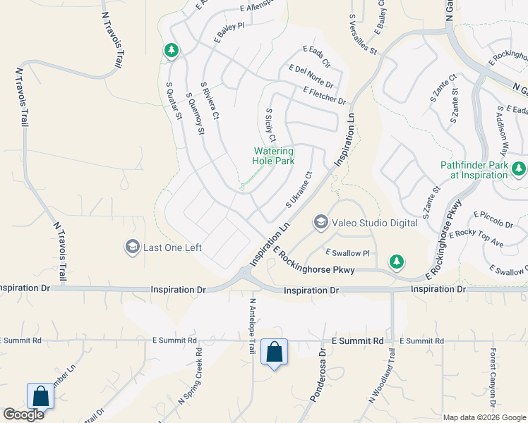 map of restaurants, bars, coffee shops, grocery stores, and more near 22266 East Narrowleaf Place in Aurora