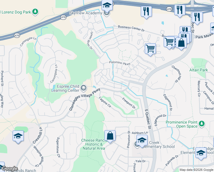 map of restaurants, bars, coffee shops, grocery stores, and more near 6454 Silver Mesa Drive in Littleton