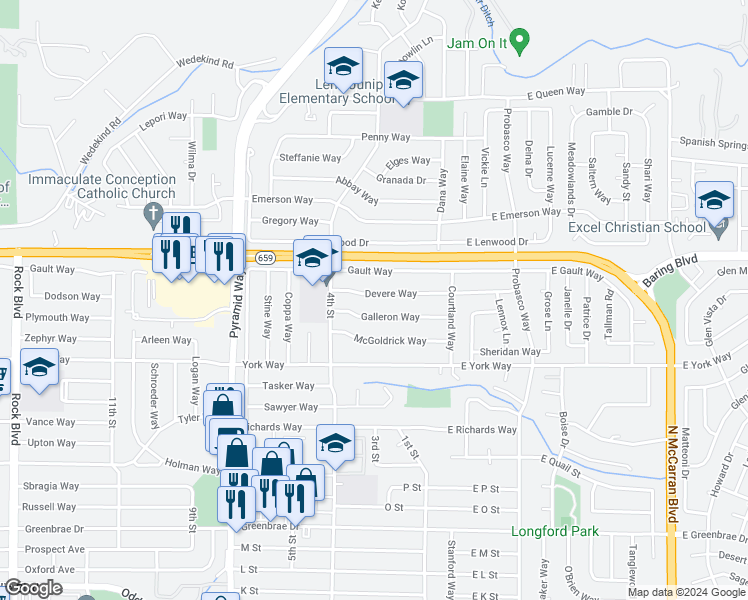 map of restaurants, bars, coffee shops, grocery stores, and more near 281 Devere Way in Sparks
