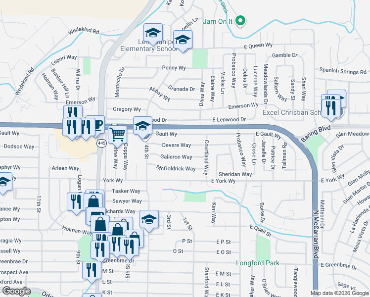 map of restaurants, bars, coffee shops, grocery stores, and more near 137 Devere Way in Sparks