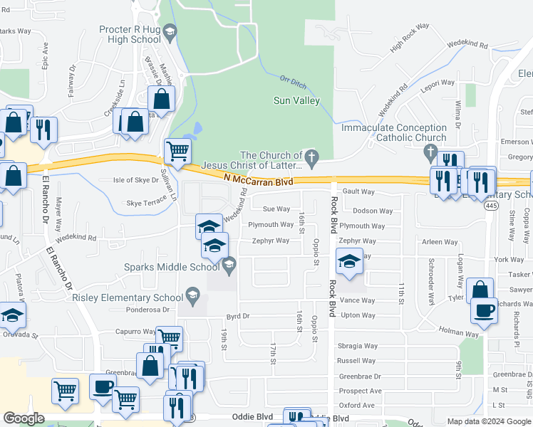map of restaurants, bars, coffee shops, grocery stores, and more near 1723 Sue Way in Sparks