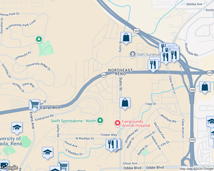 map of restaurants, bars, coffee shops, grocery stores, and more near 2715 Dahlia Way in Reno