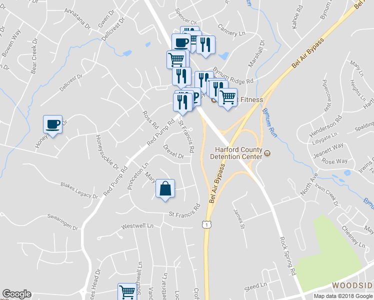 map of restaurants, bars, coffee shops, grocery stores, and more near 1356 Saint Francis Road in Bel Air