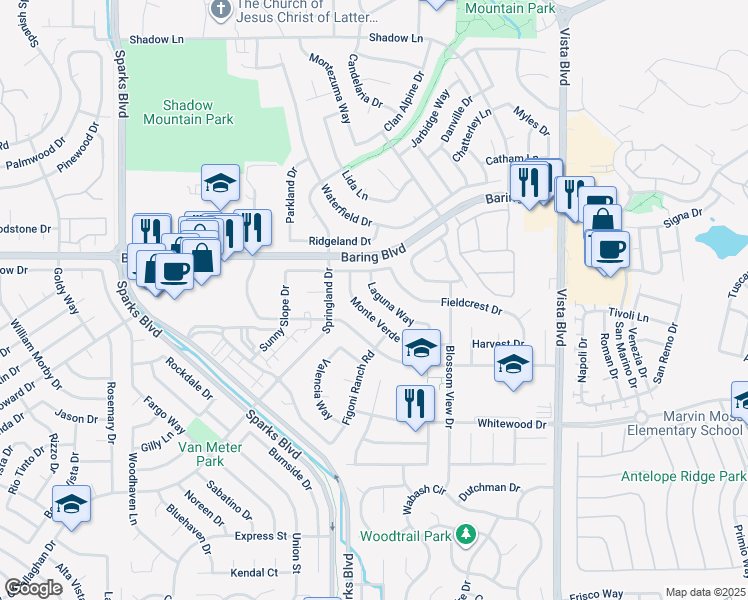 map of restaurants, bars, coffee shops, grocery stores, and more near 2835 Laguna Way in Sparks