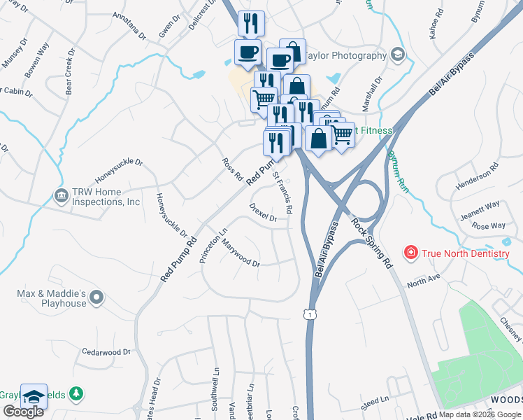 map of restaurants, bars, coffee shops, grocery stores, and more near 212 Drexel Drive in Bel Air