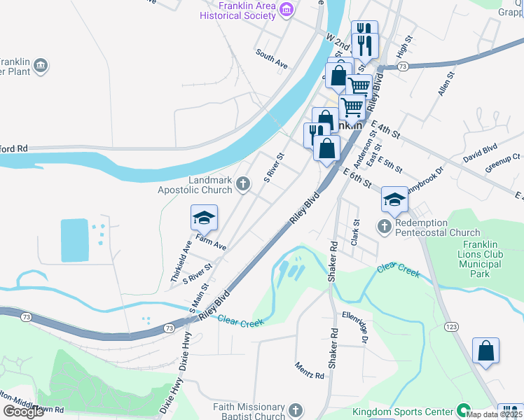 map of restaurants, bars, coffee shops, grocery stores, and more near 817 South Main Street in Franklin