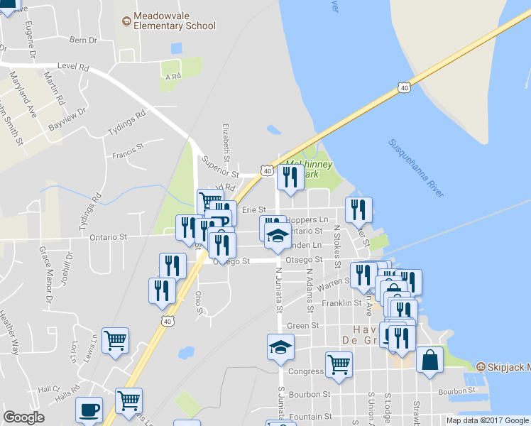map of restaurants, bars, coffee shops, grocery stores, and more near 814 Erie Street in Havre de Grace