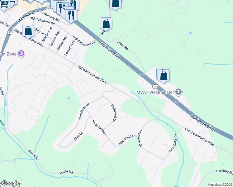 map of restaurants, bars, coffee shops, grocery stores, and more near 831 Woodside Drive in Westminster
