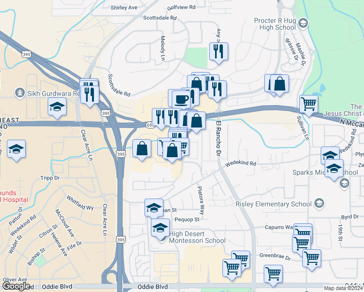 map of restaurants, bars, coffee shops, grocery stores, and more near 2881 Northtowne Lane in Reno