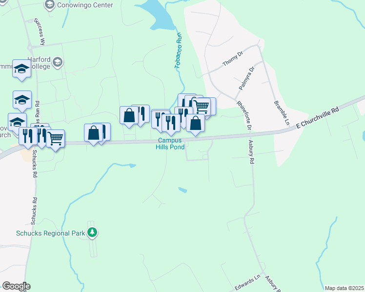 map of restaurants, bars, coffee shops, grocery stores, and more near 2317 East Churchville Road in Bel Air