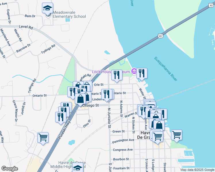 map of restaurants, bars, coffee shops, grocery stores, and more near 800 Erie Street in Havre de Grace