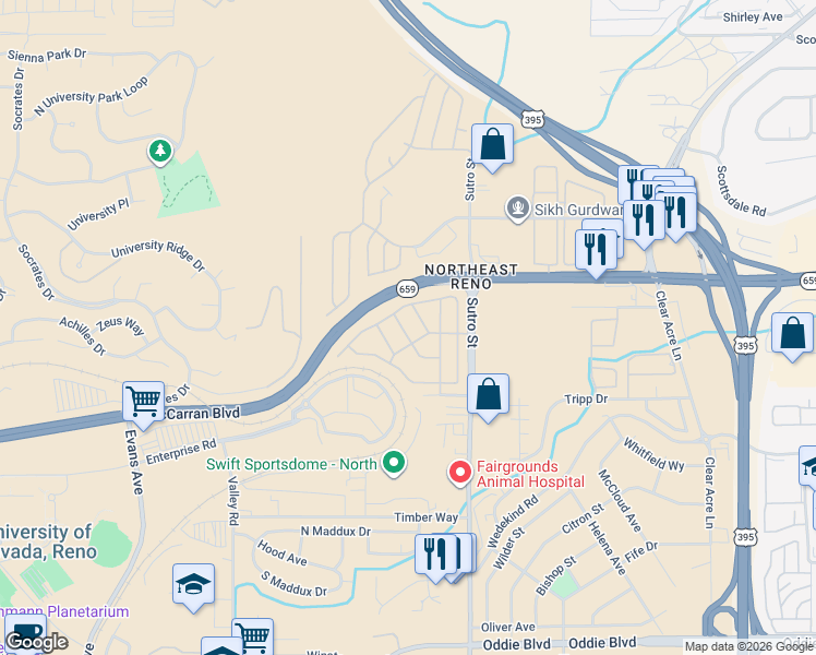 map of restaurants, bars, coffee shops, grocery stores, and more near 2715 Dahlia Way in Reno