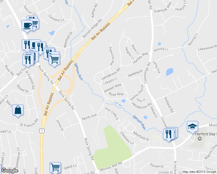 map of restaurants, bars, coffee shops, grocery stores, and more near 1105 Jeanett Way in Bel Air