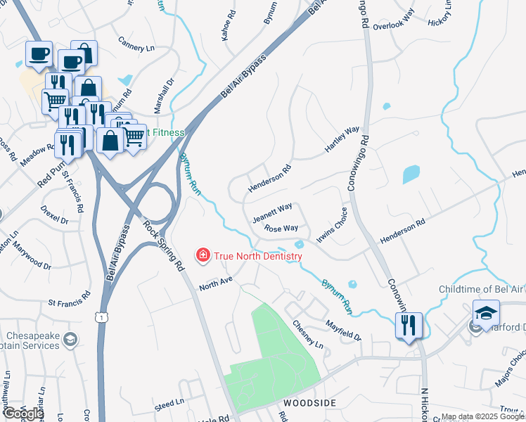 map of restaurants, bars, coffee shops, grocery stores, and more near 1105 Jeanett Way in Bel Air