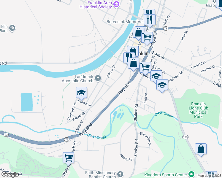 map of restaurants, bars, coffee shops, grocery stores, and more near 802 South Main Street in Franklin