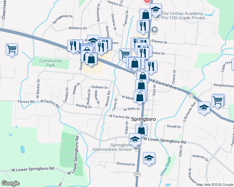 map of restaurants, bars, coffee shops, grocery stores, and more near 15 Carey Dr in Springboro