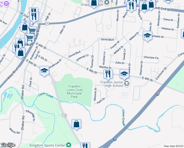 map of restaurants, bars, coffee shops, grocery stores, and more near 574 East 4th Street in Franklin