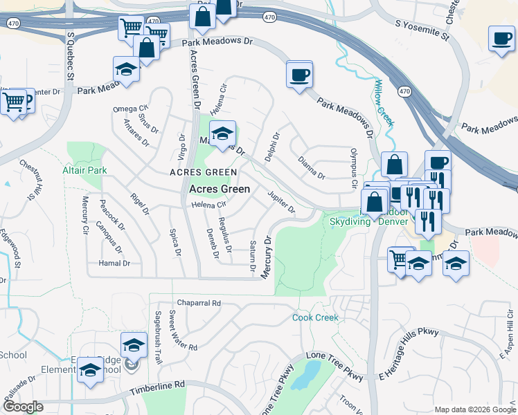 map of restaurants, bars, coffee shops, grocery stores, and more near 13274 Saturn Drive in Lone Tree