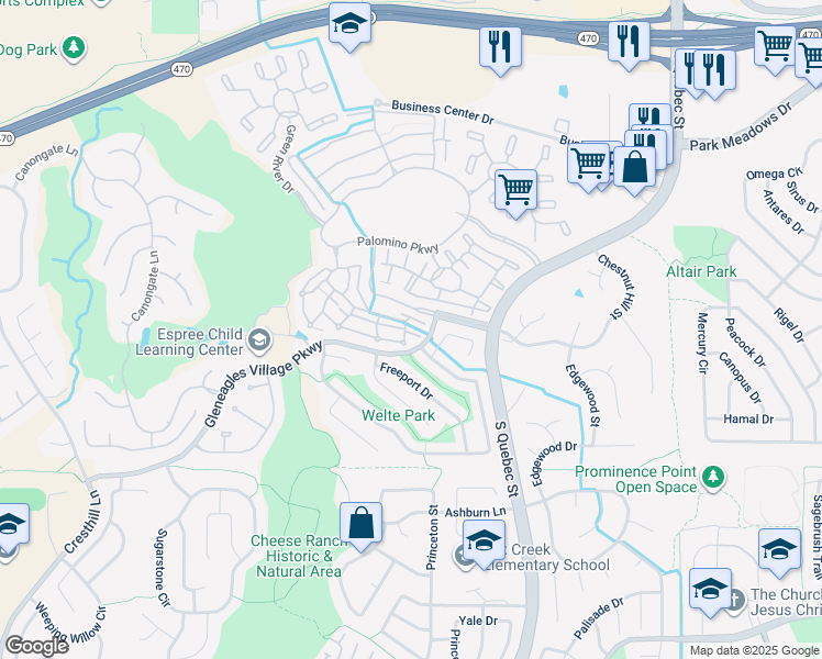 map of restaurants, bars, coffee shops, grocery stores, and more near 6480 Silver Mesa Drive in Littleton