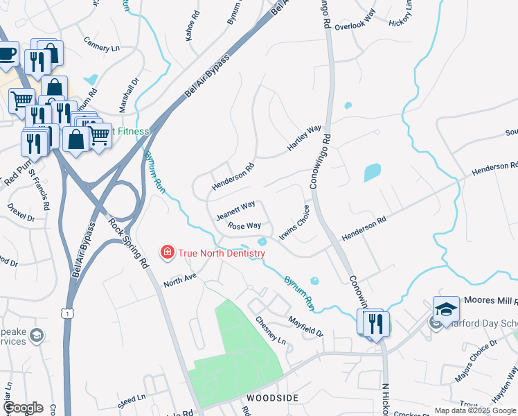 map of restaurants, bars, coffee shops, grocery stores, and more near 1036 Jeanett Way in Bel Air