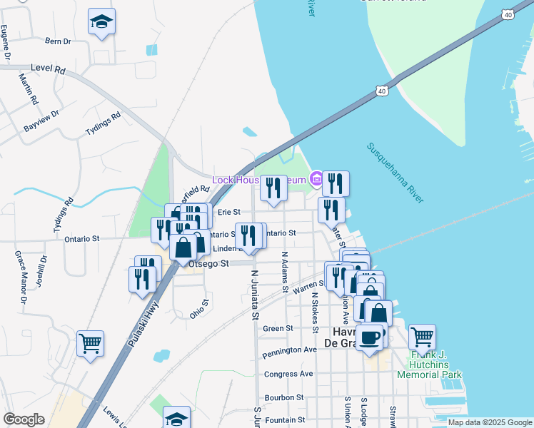 map of restaurants, bars, coffee shops, grocery stores, and more near 722 Erie Street in Havre de Grace