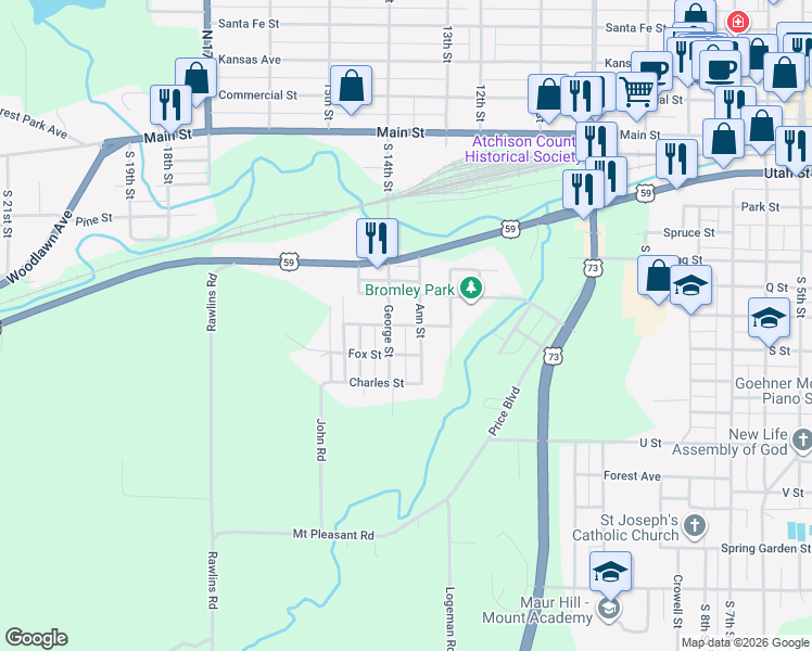 map of restaurants, bars, coffee shops, grocery stores, and more near 1448 Center St in Atchison