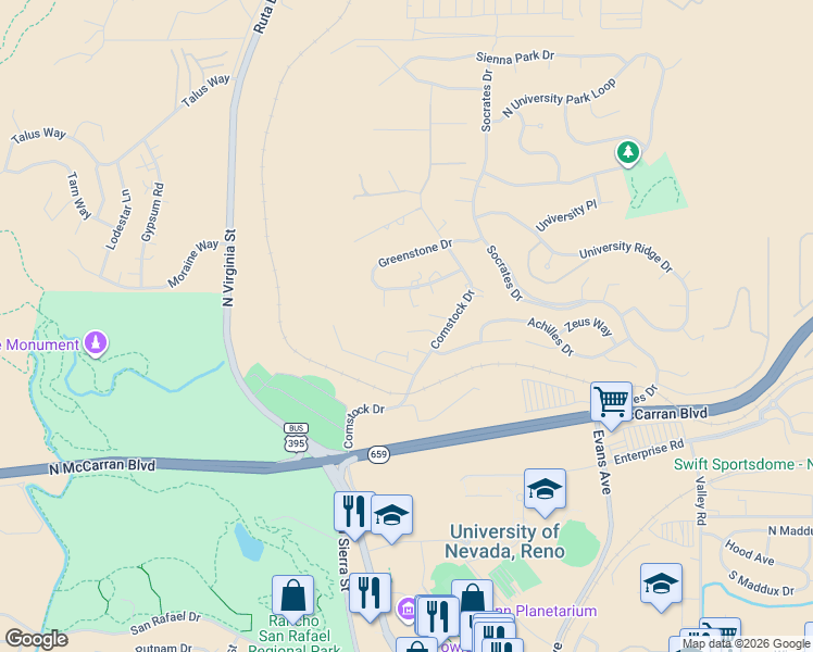 map of restaurants, bars, coffee shops, grocery stores, and more near 655 Kane Court in Reno
