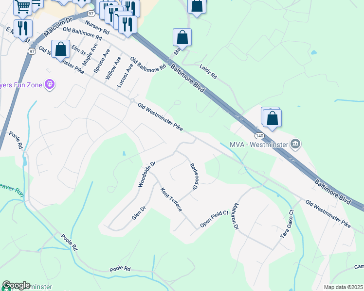 map of restaurants, bars, coffee shops, grocery stores, and more near 831 Woodside Drive in Westminster