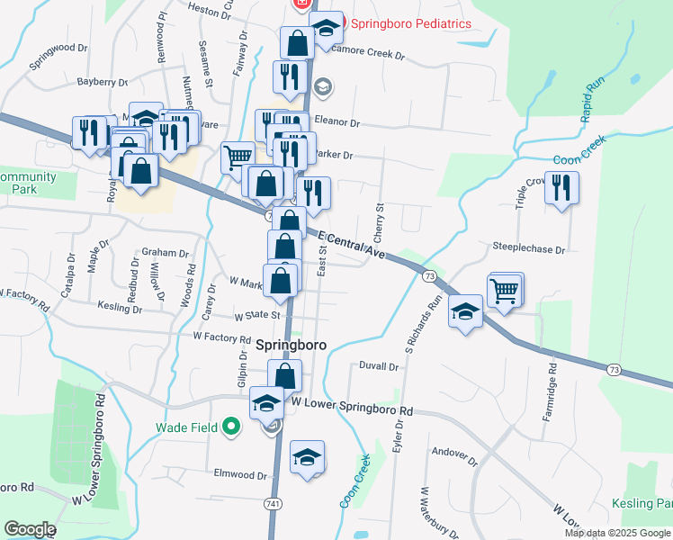 map of restaurants, bars, coffee shops, grocery stores, and more near 135 East North Street in Springboro
