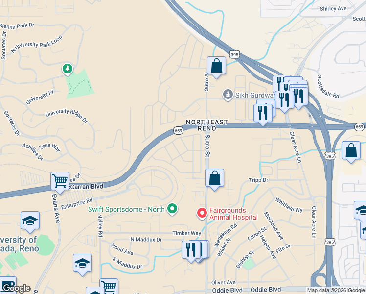 map of restaurants, bars, coffee shops, grocery stores, and more near 2715 Dahlia Way in Reno