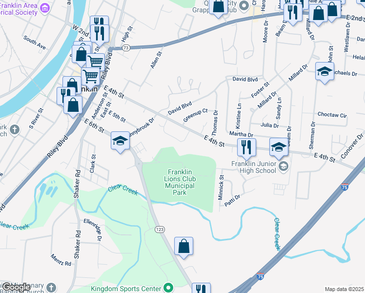 map of restaurants, bars, coffee shops, grocery stores, and more near 421 Mission Lane in Franklin