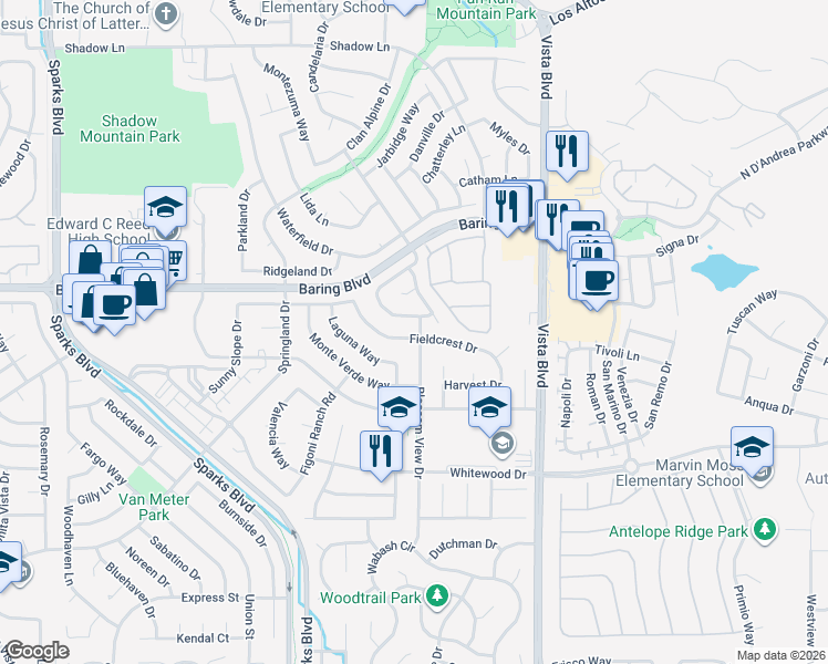 map of restaurants, bars, coffee shops, grocery stores, and more near 1778 Fieldcrest Drive in Sparks