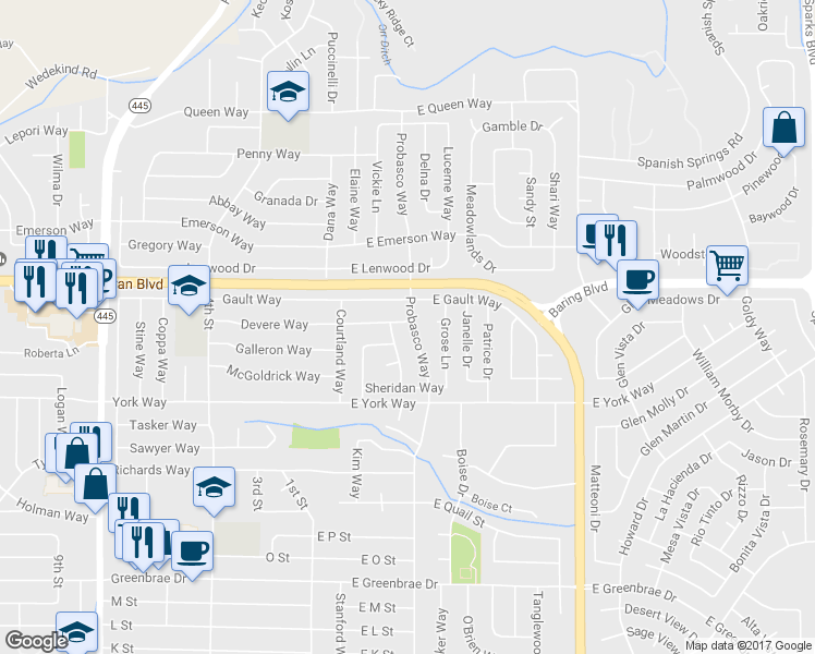 map of restaurants, bars, coffee shops, grocery stores, and more near 2789 Probasco Way in Sparks